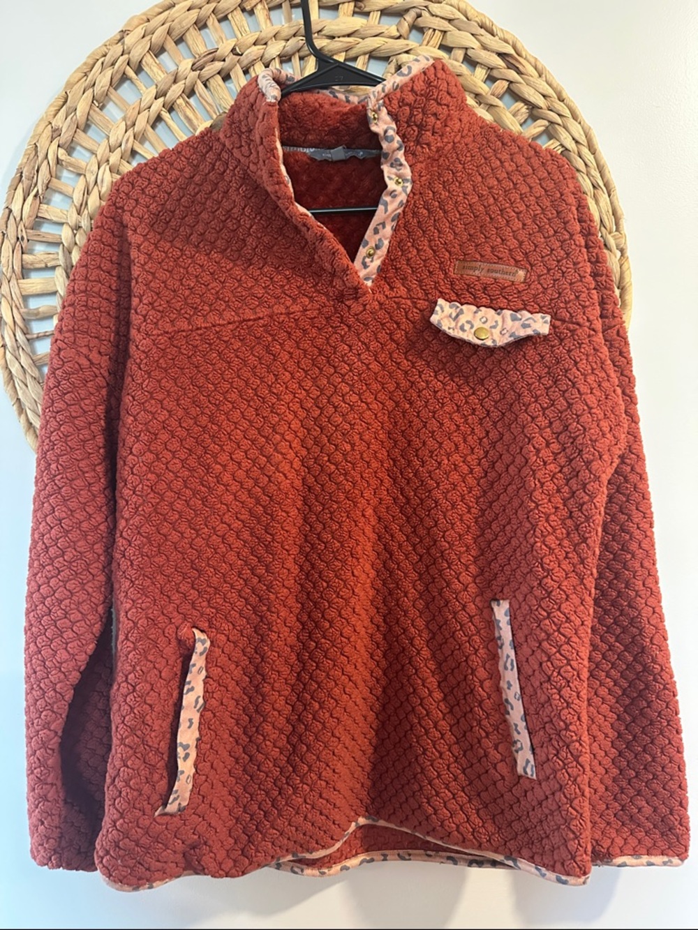 Simply Southern Rust Orange Sherpa Pullover with Leopard Trim